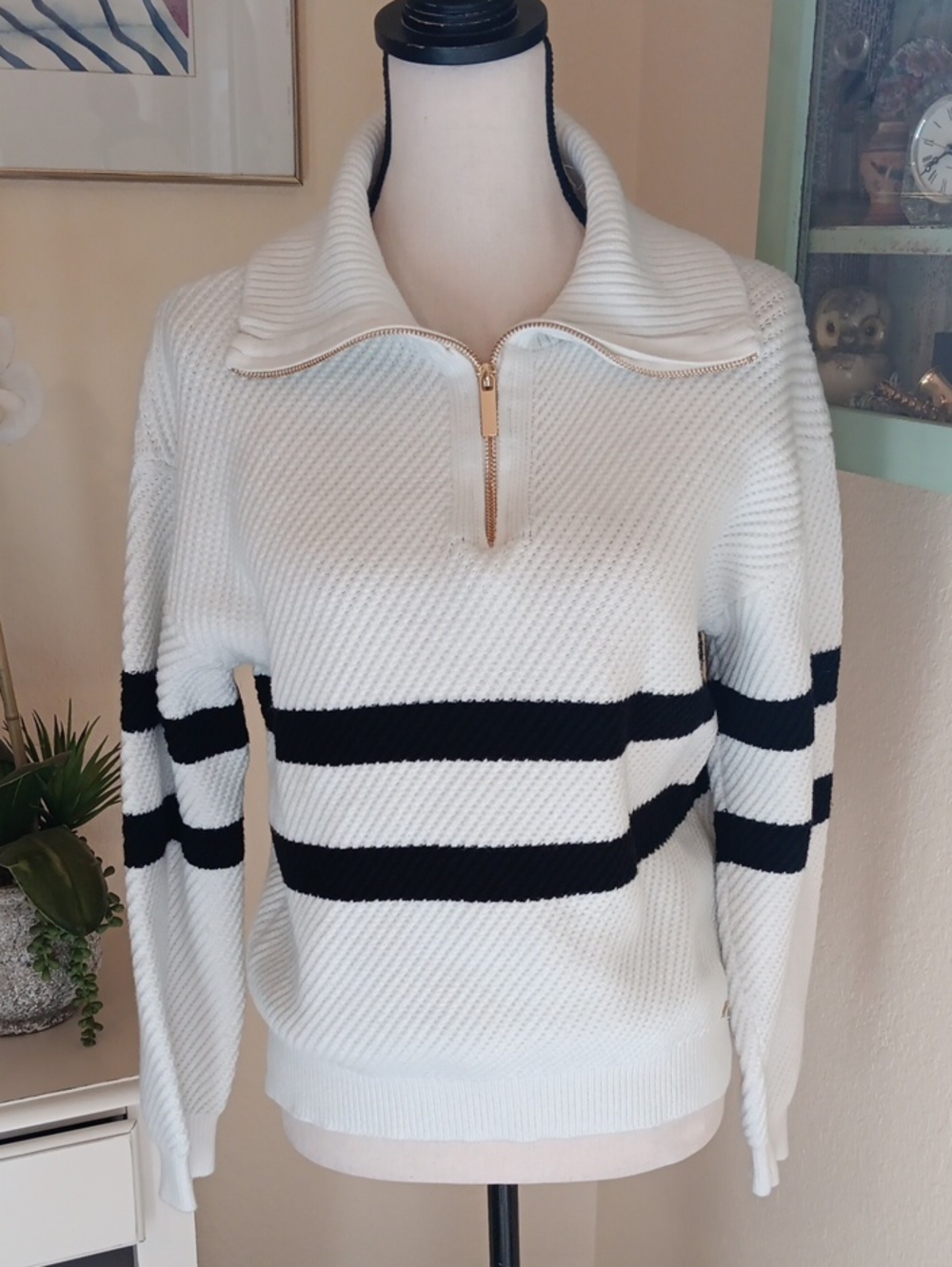 Womem's  White Knit Half-Zip Sweater with Black Stripes. Nautical. Classic. Cape